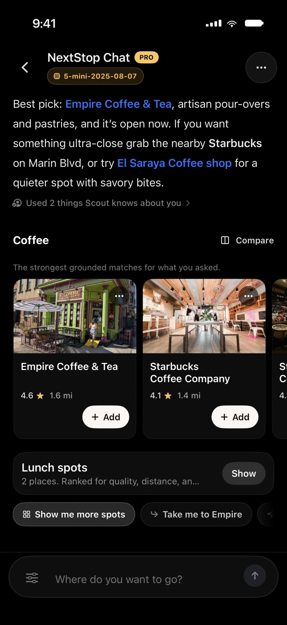 NextStop answering with a shelf of real coffee shops, each with its rating and distance