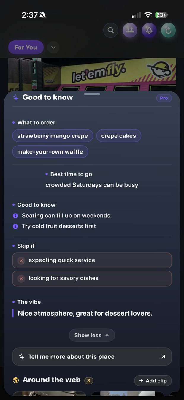 A NextStop place card showing what to order, best time to go, and the vibe
