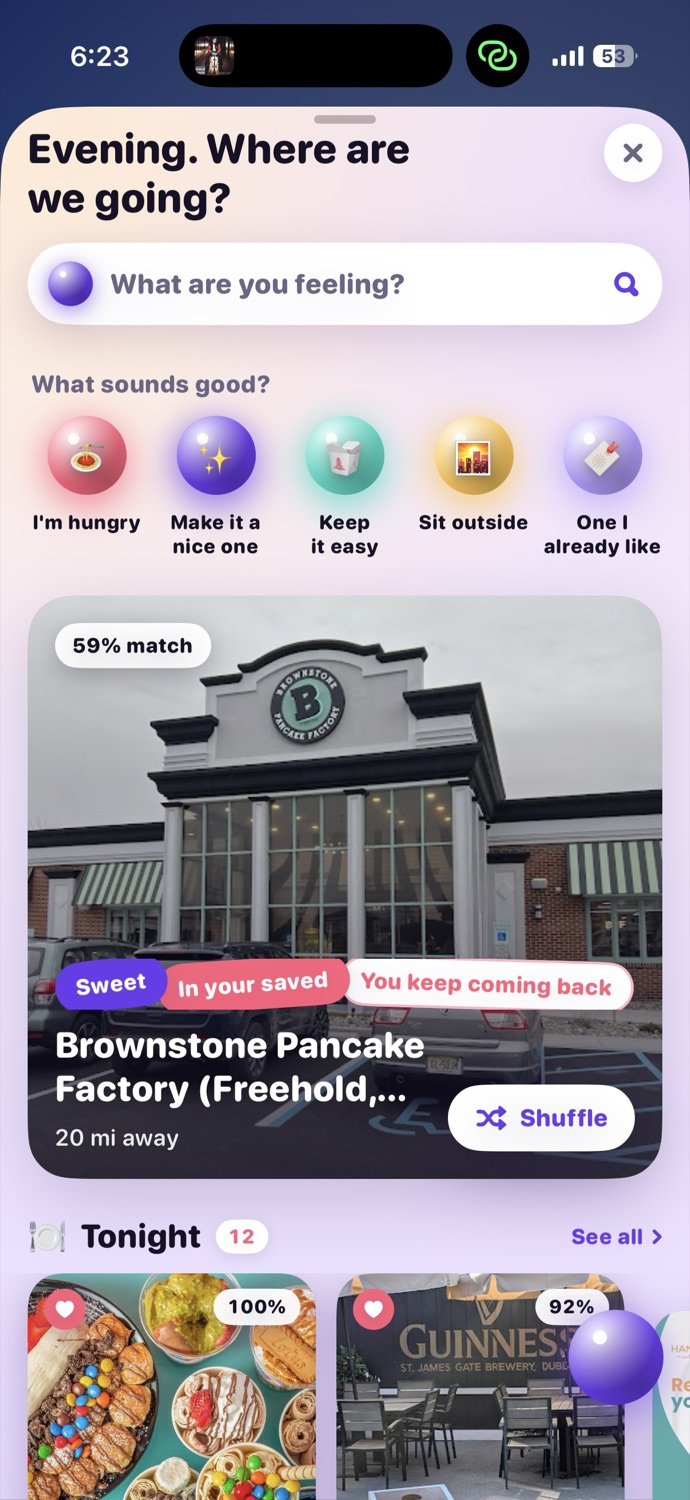 Pick for Me in NextStop, showing a place that matches what you asked for tonight