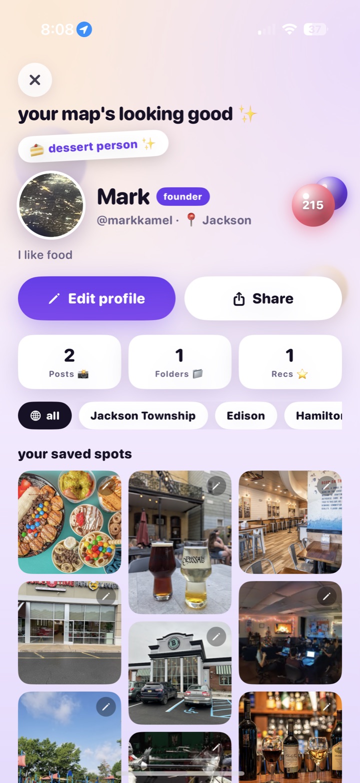 A NextStop profile with places and memories
